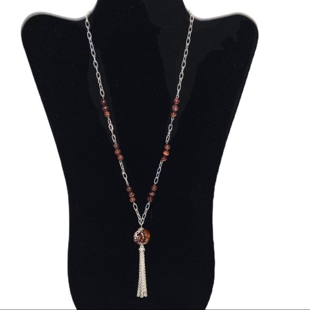 Silver 30โ tassel necklace w brown glass beads